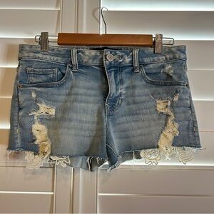 Express Denim Shorts Distressed with Lace Detailing Blue White Size 2
